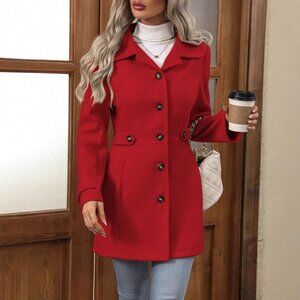 Women’s Woolen Mid-Length Coat – Single Breasted Button Jacket – Elegant Lapel O